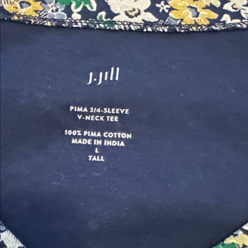 J. Jill Navy Prima Cotton Sz Lg Floral V-Neck 3/4 Sleeve Tee - Picture 2 of 4